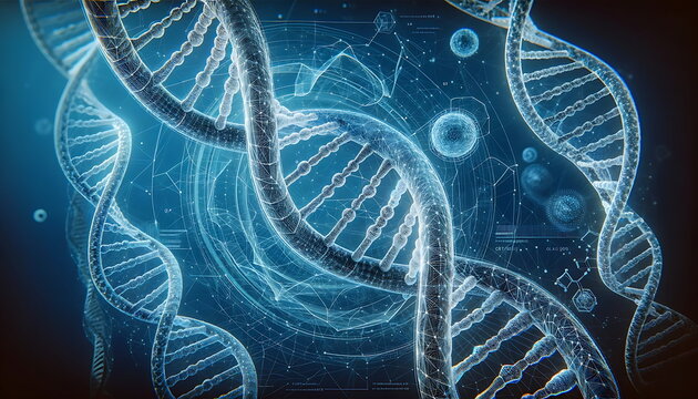 Digital illustration wire-frame glowing Blue abstract background with the luminous DNA molecule, neon helix, and human silhouette.