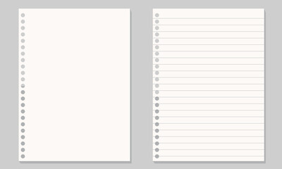 Set of illustration of blank sheets of square and lined paper .Realistic lined notepapers. 