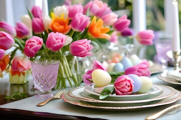 Obraz na płótnie Canvas Vibrant Tulip Bouquet Table Display