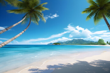 Tropical beach with palm trees and white sand under blue sky - Ai Generated