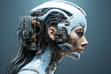 Cyborg woman with machine part of her head. Over gray background