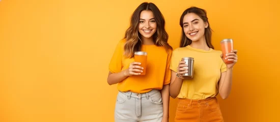 Abwaschbare Fototapete Two smiling and stylish brunette teenagers holding beverages © Robert Kneschke