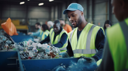 Young male waste management worker sorting through plastic trash