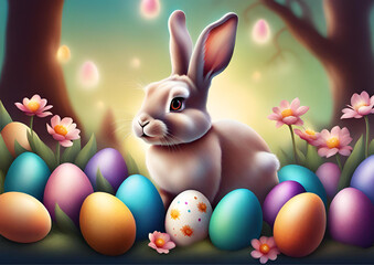 Naklejka na ściany i meble Enchanting Easter Delights: Explore Vibrant Hand-Drawn Illustrations of Cheerful Bunnies, Festive Eggs, and Delightful Pastel Scenes for a Joyful Spring Celebration