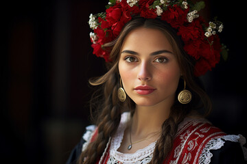 Naklejka premium Beautiful Slavic girl in white and red embroidered national costume generative AI concept