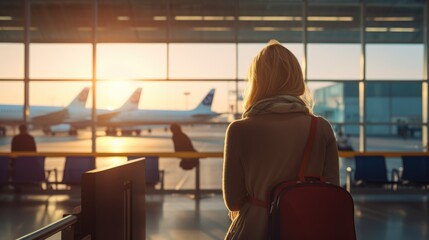 Tourist travel, Young pretty woman standing at departure hall to travel by international flight airplane alone at sunset, modern lifestyle , AI generated photo, copy space for text