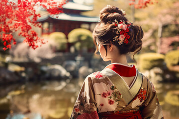 Generative AI picture of stunning chinese lady wear kimono walking on beautiful landscape