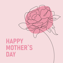 mother`s day greeting card with hand drawn peony in line art style, vector illustration