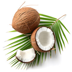 Fototapeta na wymiar Fresh coconut whole and cut in half with palm leaf isolated on white background, top view