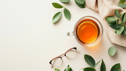 Minimalistic flat lay with cup of tea, glasses and green leaves on white background.