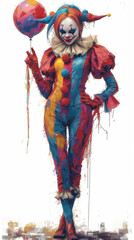 Whimsical Clown with a Twist.
Artistic rendering of a clown with a playful yet haunting demeanour.