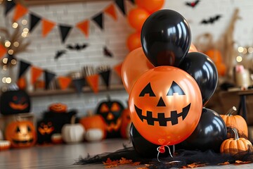 A Halloween party with festive decorations, orange and black balloons, and carved pumpkins - obrazy, fototapety, plakaty