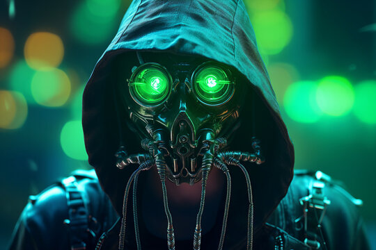 Futuristic humanoid woman robot cyberpunk night city neon lights created by generative AI