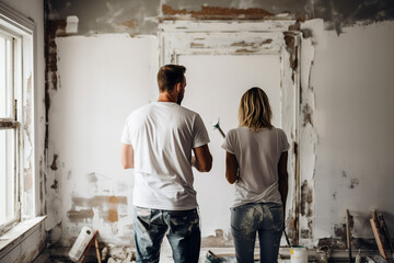 Generative ai rear view photo picture of two people renovating and remodeling their own house