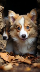 Obraz premium Cute dogs face peeking around the corner, fluffy puppies looking at the camera