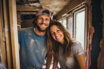 Generative ai rear view photo picture of two people renovating and remodeling their own house - obrazy, fototapety, plakaty