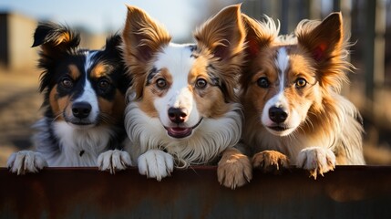 Smiling cute dogs of different breeds peek out from behind a wooden fence. Banner with animals Concept: veterinary advertising and animal breeding