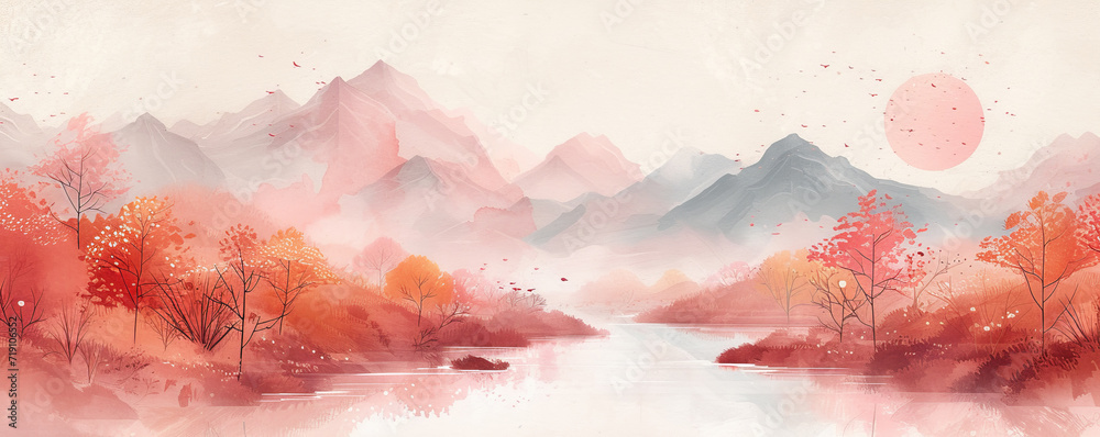 Wall mural Watercolor Abstract mountains. Aesthetic minimalist landscape with mountain an sun or moon, Boho style. , landscape aesthetic background wallpaper. illustration for prints wall arts and canvas.