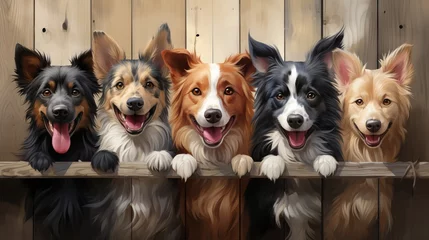 Foto op Aluminium Cartoon smiling cute dogs of different breeds peek out from behind a wooden fence. Banner with animals Concept: veterinary advertising and animal breeding  © Marynkka_muis_ua