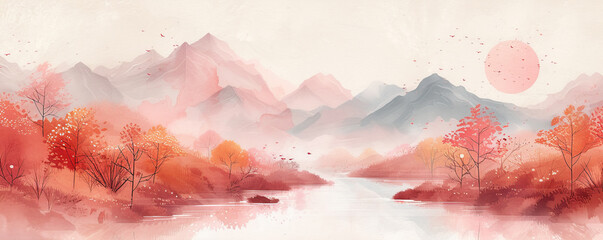 Watercolor Abstract mountains. Aesthetic minimalist landscape with mountain an sun or moon, Boho style. , landscape aesthetic background wallpaper. illustration for prints wall arts and canvas.