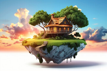 3d floating island and tree house