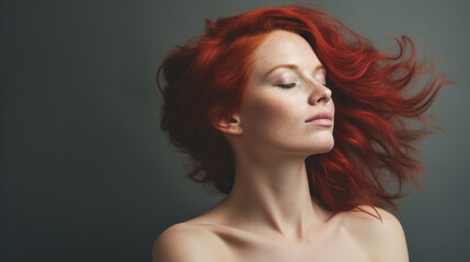 Beauty portrait of a red-haired beautiful glamor woman on studio background.