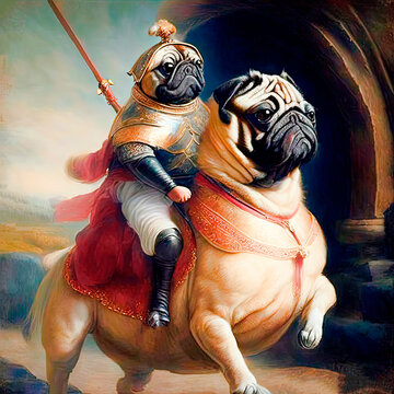 A close-up portrait of an anthropomorphic pug knight riding a pug horse. Funny design for children and adults in the style of classic medieval oil painting.