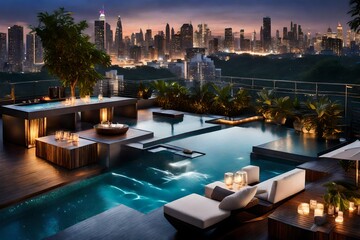 A glamorous rooftop pool with panoramic city views, comfortable lounge chairs, and a cascading waterfall. The pool area is surrounded by lush greenery and adorned with elegant lighting.
