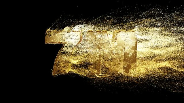 7M realistic 3d gold text with particle dust effect on black background. fill letters with golden particles. 4k abstract Footage