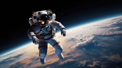 A realistic illustration of an astronaut flying in space with the Earth in the background....