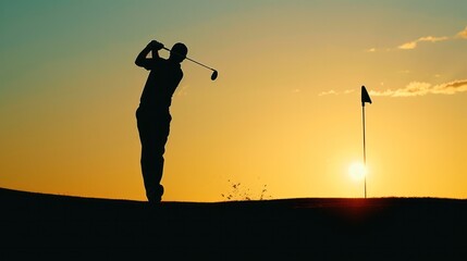 Fototapeta na wymiar Silhouette of a professional golf playing at golf field on sunset time.