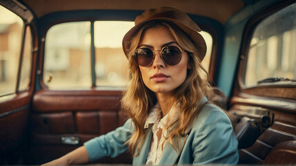 Portrait of a young woman with sunglasses, inside the car