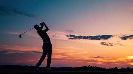 Silhouette of a professional golf playing at golf field on sunset time.