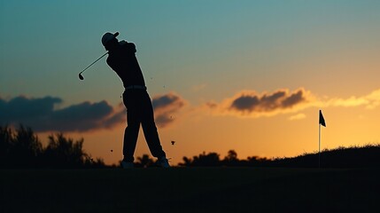 Silhouette of a professional golf playing at golf field on sunset time.