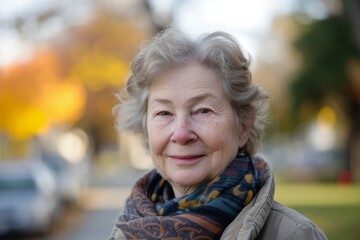 A joyful lady with a charming smile, sporting a stylish scarf, stands confidently on a busy street, her grey hair and wrinkles a testament to a life well-lived