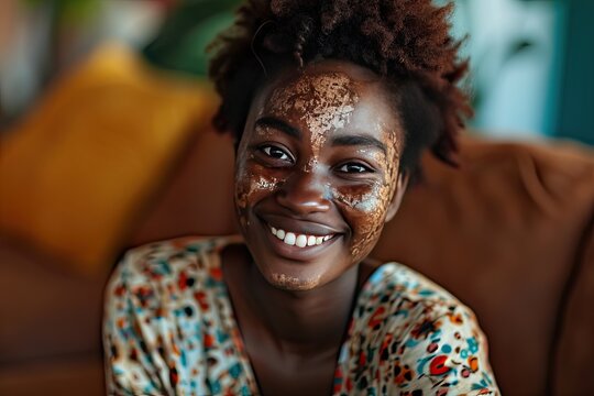 Cheerful young african woman with vitiligo smiling at camera relaxing on sofa at home. - Powered by Adobe
