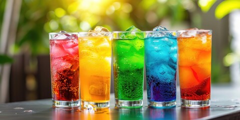 Colorful soda drinks in glasses vibrant set - obrazy, fototapety, plakaty