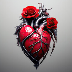 red anatomic heart with two roses - obrazy, fototapety, plakaty