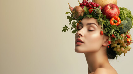 beauty portrait of a woman with headdress made out of fruits and vegetables- healthy eating concept