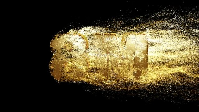 8M realistic 3d gold text with particle dust effect on black background. fill letters with golden particles. 4k abstract Footage