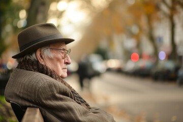 A fashionable older man sits on a bench under a tree, his fedora adding to his street style as he gazes at the city street, a woman's portrait etched on his face - obrazy, fototapety, plakaty