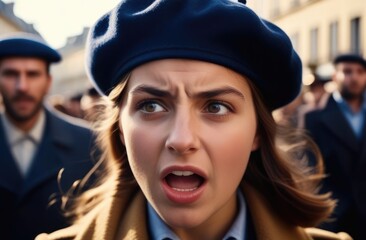activist protests against rights violation. young Caucasian female in beret striking on street