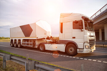 A new modern semi-trailer glass truck transports fragile cargo in the form of glass and mirrors...
