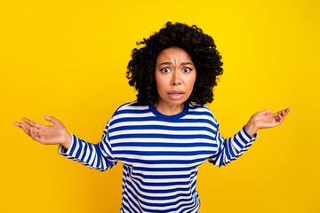 Photo of staring irritated woman wear trendy clothes shrug shoulders trouble mistake quarrel...