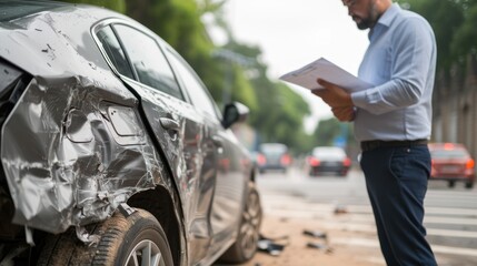Insurance agent examining damaged car parked on street after accident