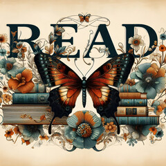 
"READ" poster with a butterfly and bookshelves in Art Nouveau style
