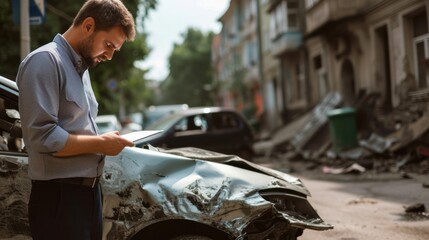 Insurance agent examining damaged car parked on street after accident - obrazy, fototapety, plakaty