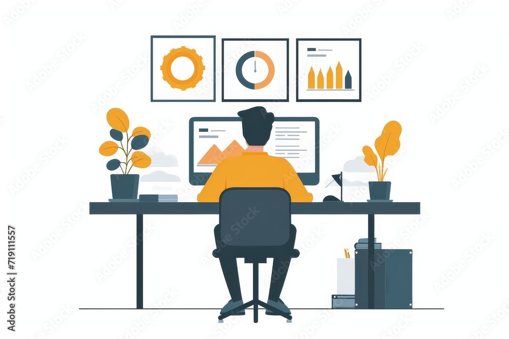 Poster A designer pondering over a digital sketch of a whimsical cartoon outfit on his computer, surrounded by clothing patterns and illustrations