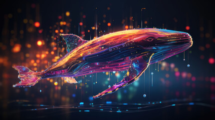 Big data visualization. Flight of a digital whale in neon colors. Information aesthetic design. Generative AI