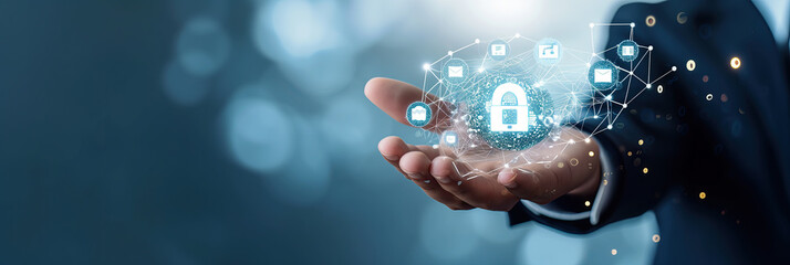 hand of a businessman holding a cyber security icon